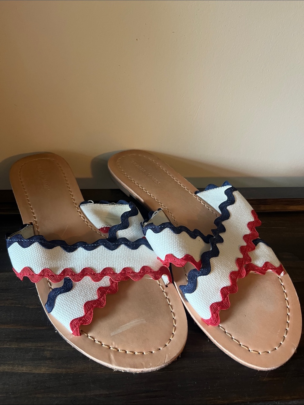 Draper James White Slide Sandals with Red & Navy Rickrack Trim
